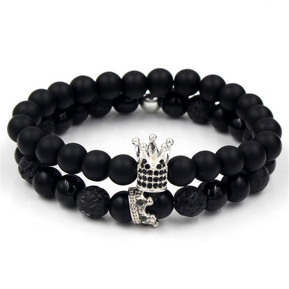 跨境热销手饰品黑磨砂石白松石弹力手串镶钻皇冠情侣手链组合套装