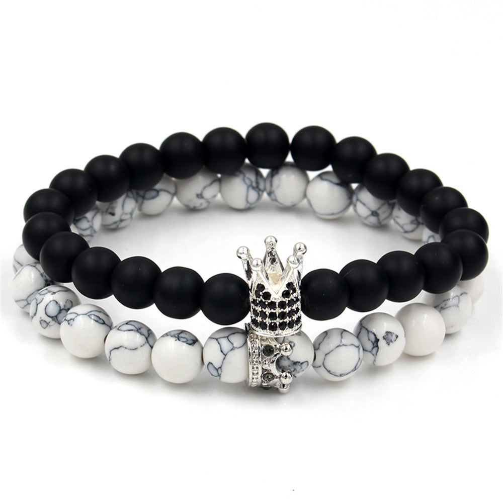 Foreign trade supply couple's hand accessories, black matte stone, black diamond and volcanic stone, diamond-inlaid crown bracelet and bracelet set
