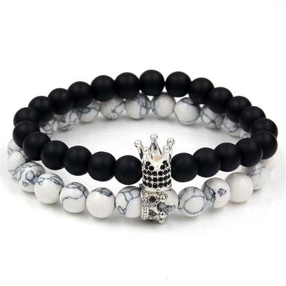 Foreign trade supply couple's hand accessories, black matte stone, black diamond and volcanic stone, diamond-inlaid crown bracelet and bracelet set