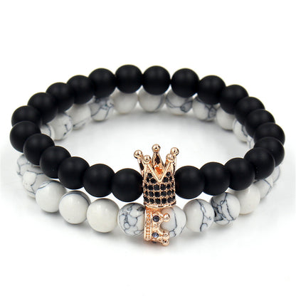 Foreign trade supply couple's hand accessories, black matte stone, black diamond and volcanic stone, diamond-inlaid crown bracelet and bracelet set
