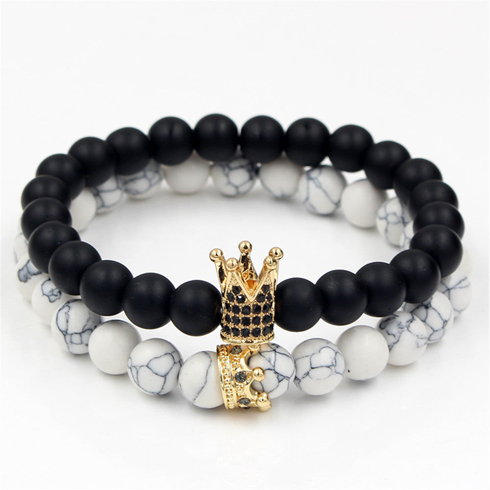 Foreign trade supply couple's hand accessories, black matte stone, black diamond and volcanic stone, diamond-inlaid crown bracelet and bracelet set