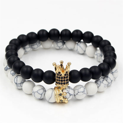Foreign trade supply couple's hand accessories, black matte stone, black diamond and volcanic stone, diamond-inlaid crown bracelet and bracelet set
