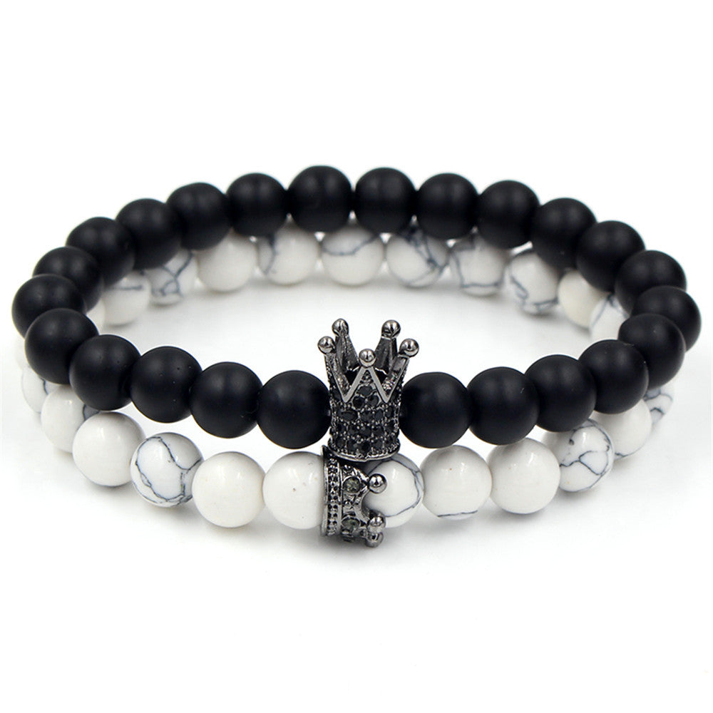 Foreign trade supply couple's hand accessories, black matte stone, black diamond and volcanic stone, diamond-inlaid crown bracelet and bracelet set