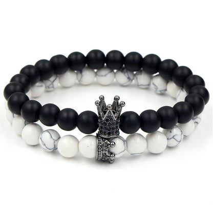 Foreign trade supply couple's hand accessories, black matte stone, black diamond and volcanic stone, diamond-inlaid crown bracelet and bracelet set