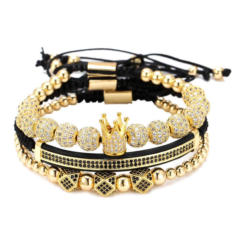 Cross-border 8mm micro-inlaid zircon copper ball woven crown crescent geometric three-piece bracelet bracelet bracelet