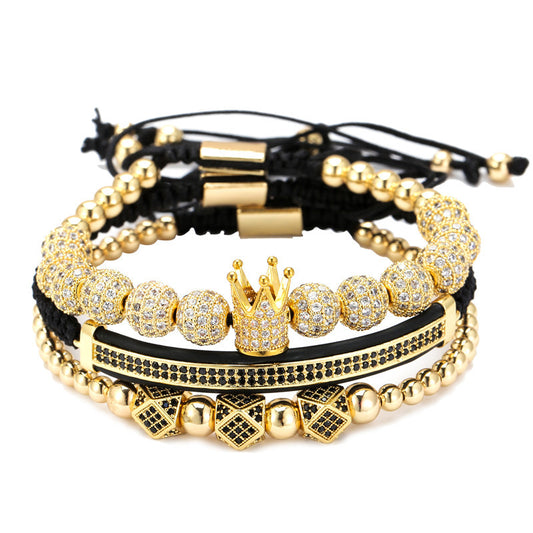 Cross-border 8mm micro-inlaid zircon copper ball woven crown crescent geometric three-piece bracelet bracelet bracelet