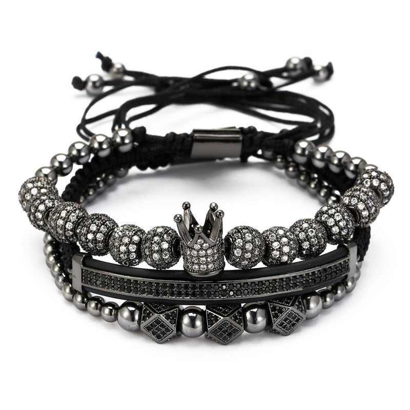 Cross-border 8mm micro-inlaid zircon copper ball woven crown crescent geometric three-piece bracelet bracelet bracelet
