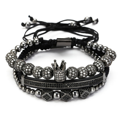 Cross-border 8mm micro-inlaid zircon copper ball woven crown crescent geometric three-piece bracelet bracelet bracelet