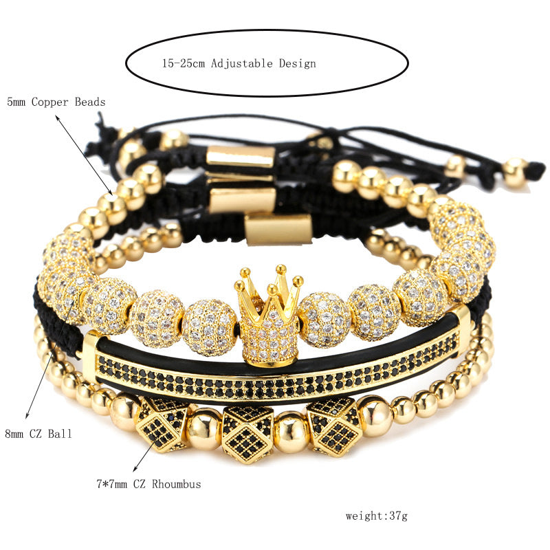 Cross-border 8mm micro-inlaid zircon copper ball woven crown crescent geometric three-piece bracelet bracelet bracelet