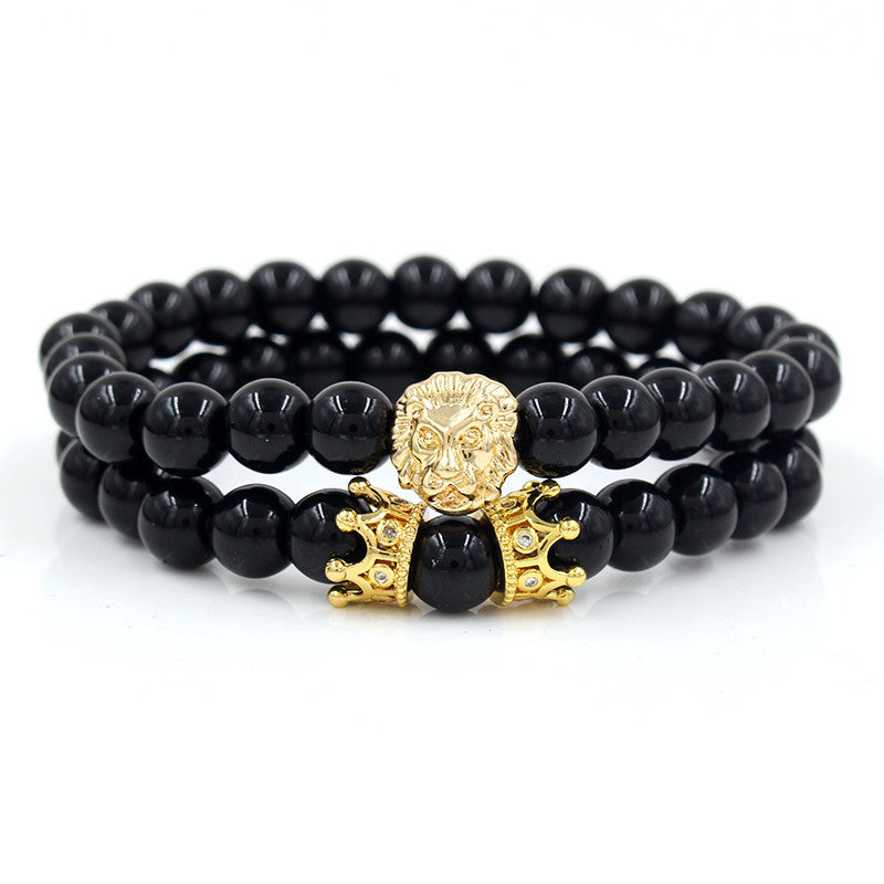 Cross-border men's suit bracelet, black agate turquoise bracelet, lion head, European and American handmade bead jewelry men