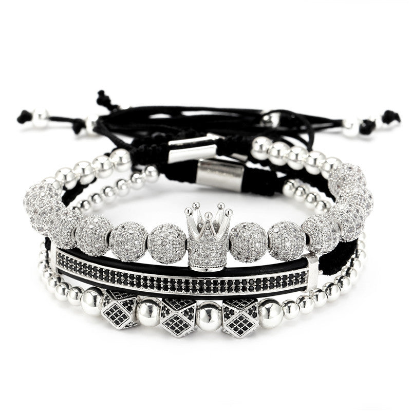 Cross-border 8mm micro-inlaid zircon copper ball woven crown crescent geometric three-piece bracelet bracelet bracelet