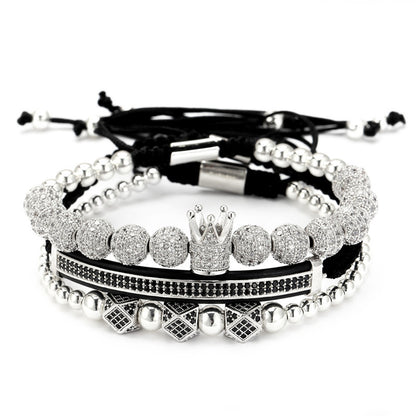 Cross-border 8mm micro-inlaid zircon copper ball woven crown crescent geometric three-piece bracelet bracelet bracelet