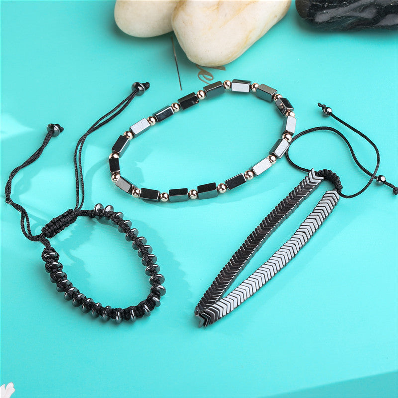 Punk bracelet, men's bracelet, black ironstone flying saucer weaving three sets of bracelets, bracelet set, accessories.