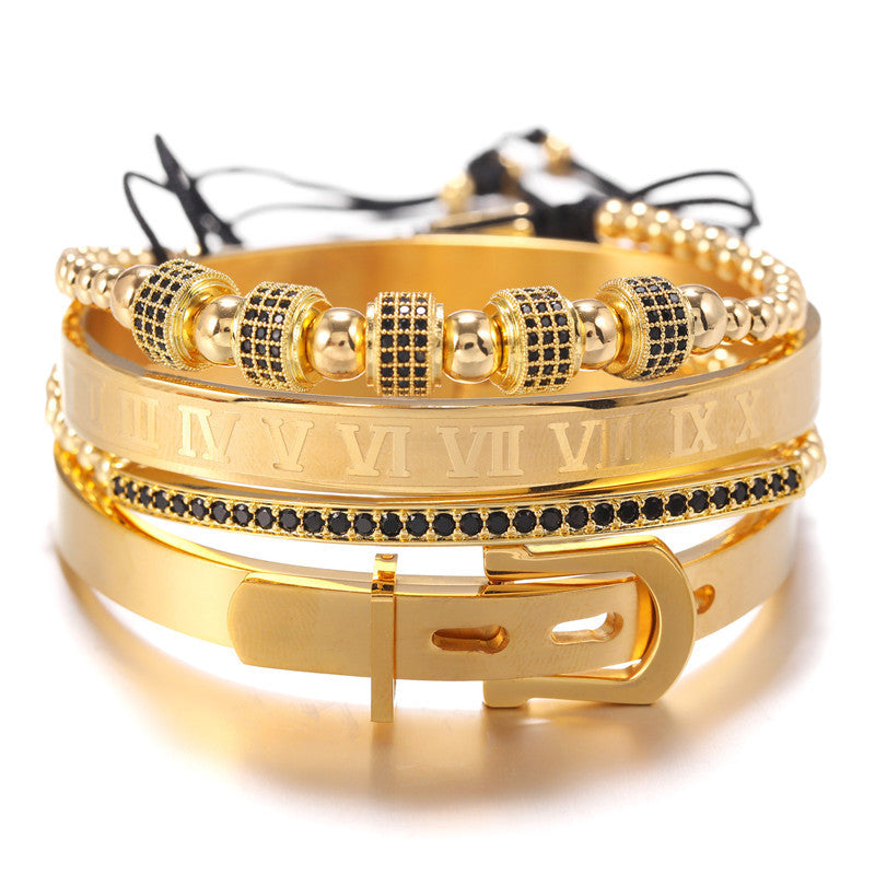 European and American exaggerated micro-inlaid zircon bracelet, punk bracelet, stainless steel Roman letter bracelet bracelet set men