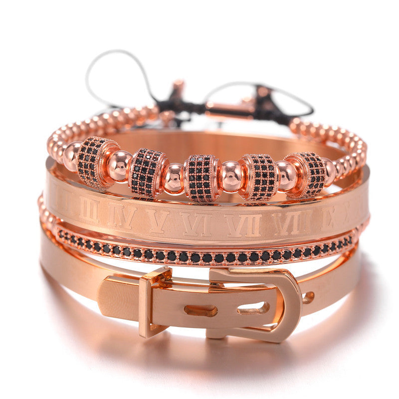 European and American exaggerated micro-inlaid zircon bracelet, punk bracelet, stainless steel Roman letter bracelet bracelet set men