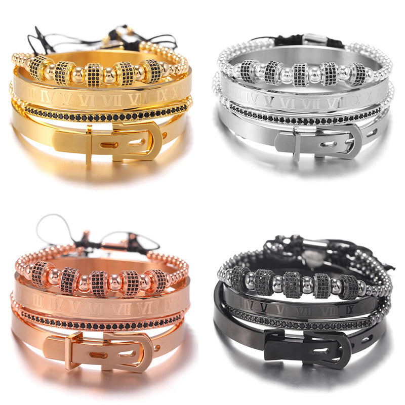 European and American exaggerated micro-inlaid zircon bracelet, punk bracelet, stainless steel Roman letter bracelet bracelet set men