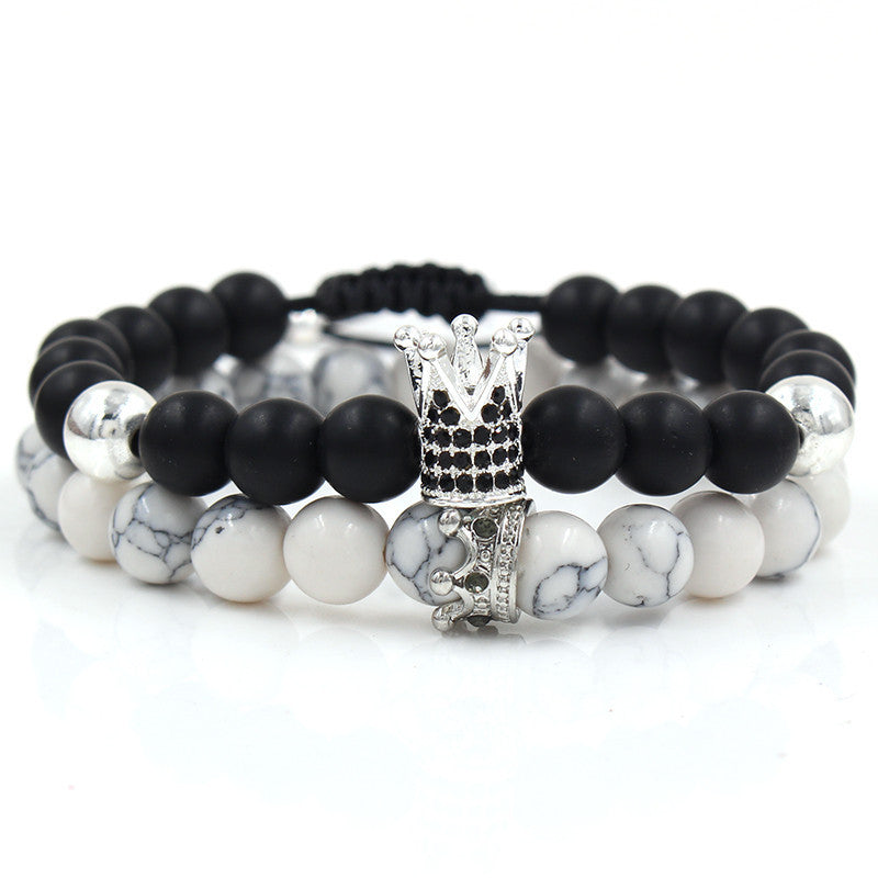 Fashion Versatile Energy Stone Turquoise Braided High Crown White Diamond Mixed Wear Small Crown Set Bracelet Bracelet