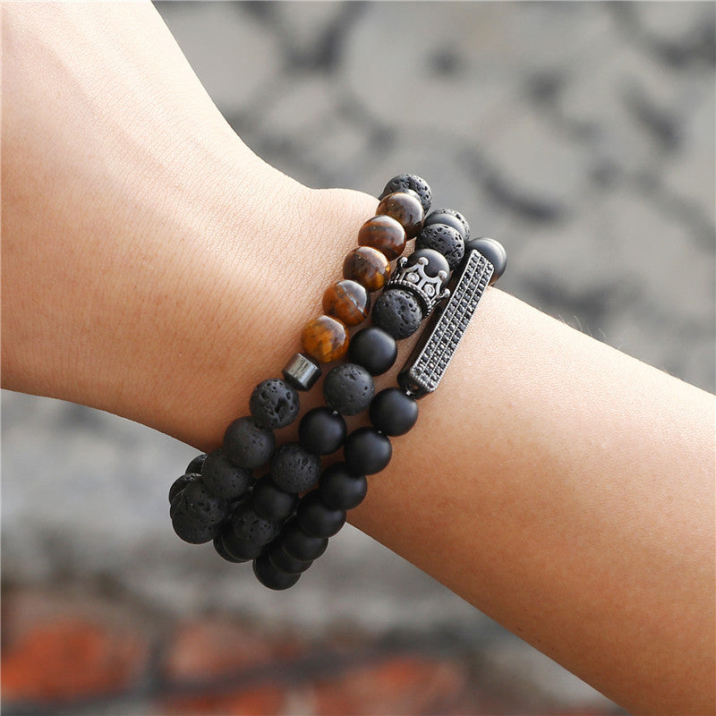 Foreign trade supply, punk wind frost stone, lava stone, tiger's eye stone, zircon, long crown, three-piece set, bracelet for men.