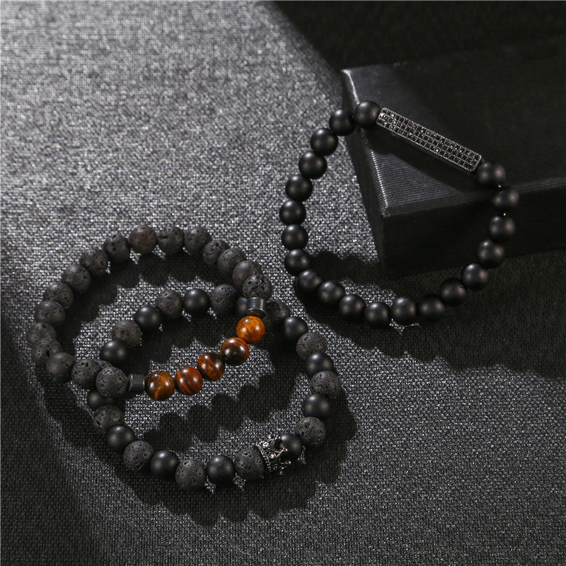 Foreign trade supply, punk wind frost stone, lava stone, tiger's eye stone, zircon, long crown, three-piece set, bracelet for men.