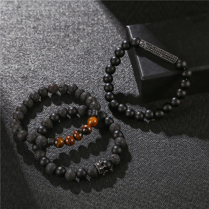 Foreign trade supply, punk wind frost stone, lava stone, tiger's eye stone, zircon, long crown, three-piece set, bracelet for men.