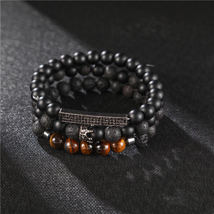 Foreign trade supply, punk wind frost stone, lava stone, tiger's eye stone, zircon, long crown, three-piece set, bracelet for men.
