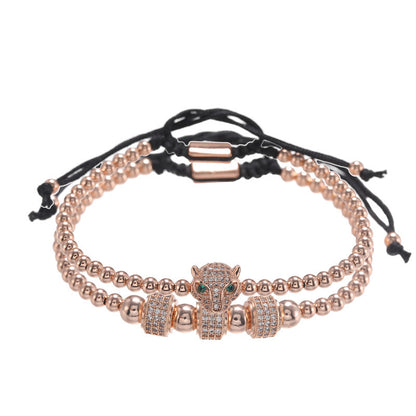 European and American jewelry fashion retro copper bead woven micro-inlaid zircon leopard head wheel two-piece set bracelet bracelet
