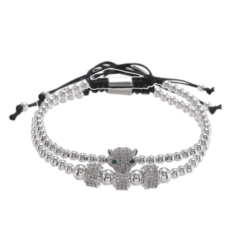 European and American jewelry fashion retro copper bead woven micro-inlaid zircon leopard head wheel two-piece set bracelet bracelet