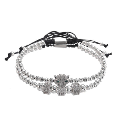 European and American jewelry fashion retro copper bead woven micro-inlaid zircon leopard head wheel two-piece set bracelet bracelet