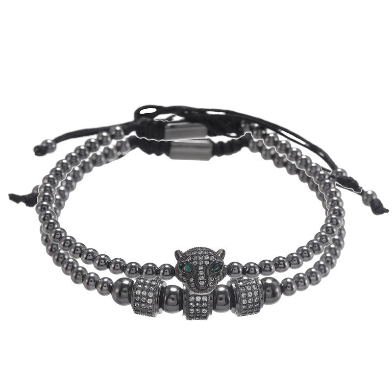 European and American jewelry fashion retro copper bead woven micro-inlaid zircon leopard head wheel two-piece set bracelet bracelet