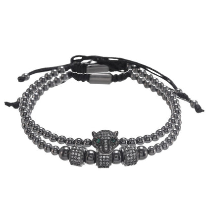 European and American jewelry fashion retro copper bead woven micro-inlaid zircon leopard head wheel two-piece set bracelet bracelet