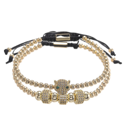 European and American jewelry fashion retro copper bead woven micro-inlaid zircon leopard head wheel two-piece set bracelet bracelet