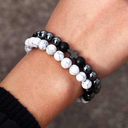 wish White Pine Black Matte Black Iron Stone Bracelet Cross Elastic Two-Piece Bracelet Bracelet for Men