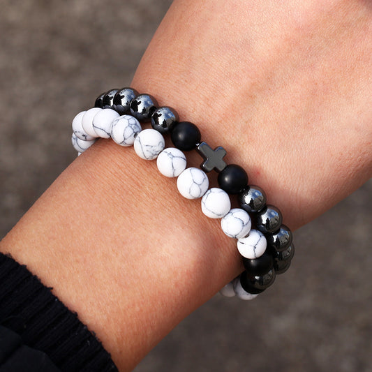 wish White Pine Black Matte Black Iron Stone Bracelet Cross Elastic Two-Piece Bracelet Bracelet for Men