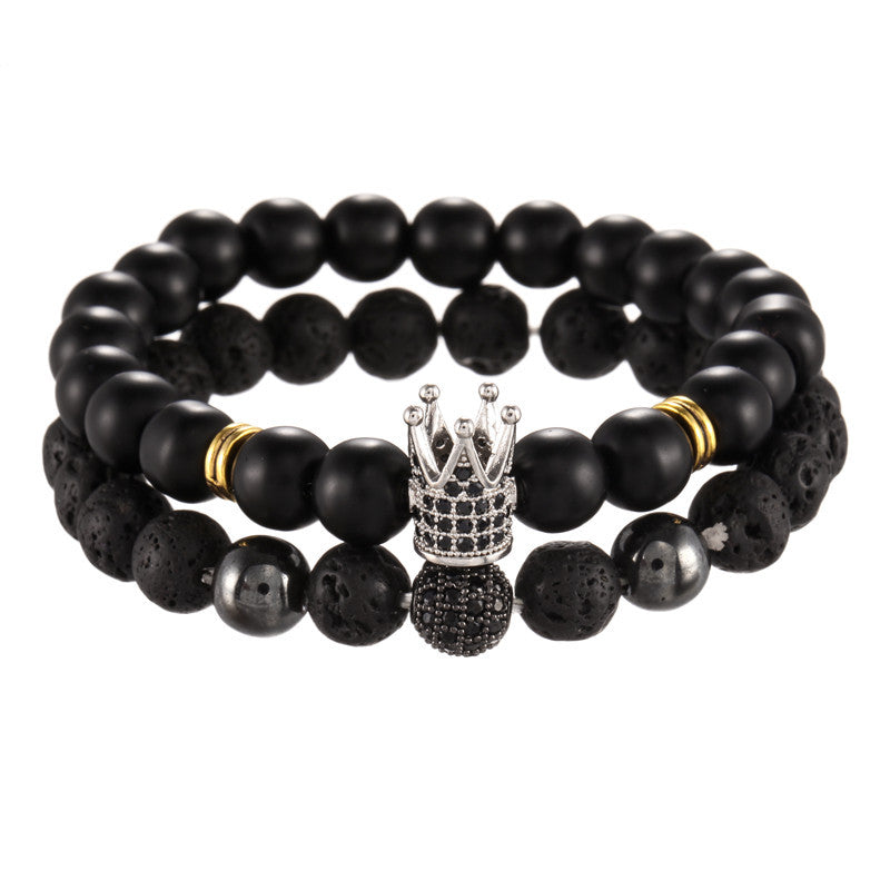 Cross-border jewelry 8mm black matte volcanic stone mixed with micro-inlaid zircon diamond ball crown bracelet, set.