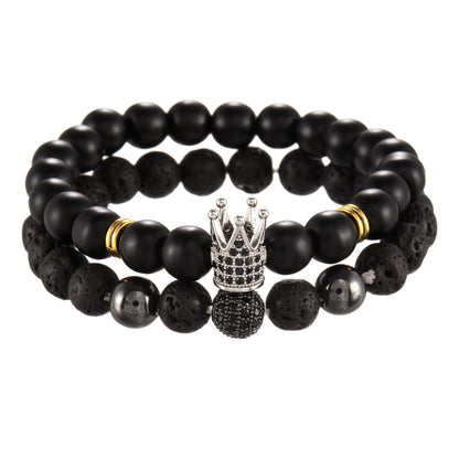 Cross-border jewelry 8mm black matte volcanic stone mixed with micro-inlaid zircon diamond ball crown bracelet, set.