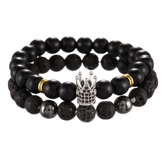 Cross-border jewelry 8mm black matte volcanic stone mixed with micro-inlaid zircon diamond ball crown bracelet, set.