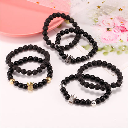 Foreign trade supply jewelry 8mm black matte lava stone micro-inlaid zircon crown two-piece set bracelet bracelet male wholesale