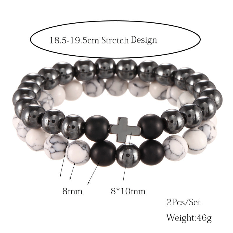 wish White Pine Black Matte Black Iron Stone Bracelet Cross Elastic Two-Piece Bracelet Bracelet for Men