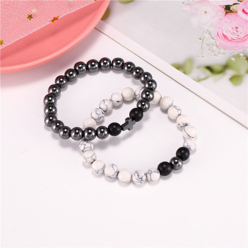 wish White Pine Black Matte Black Iron Stone Bracelet Cross Elastic Two-Piece Bracelet Bracelet for Men