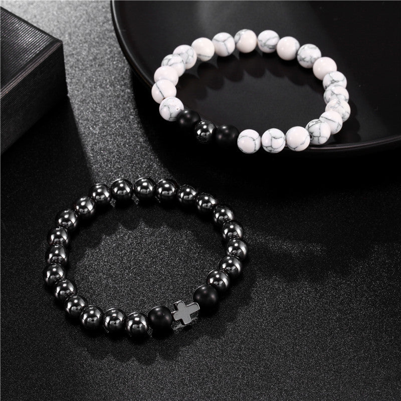wish White Pine Black Matte Black Iron Stone Bracelet Cross Elastic Two-Piece Bracelet Bracelet for Men