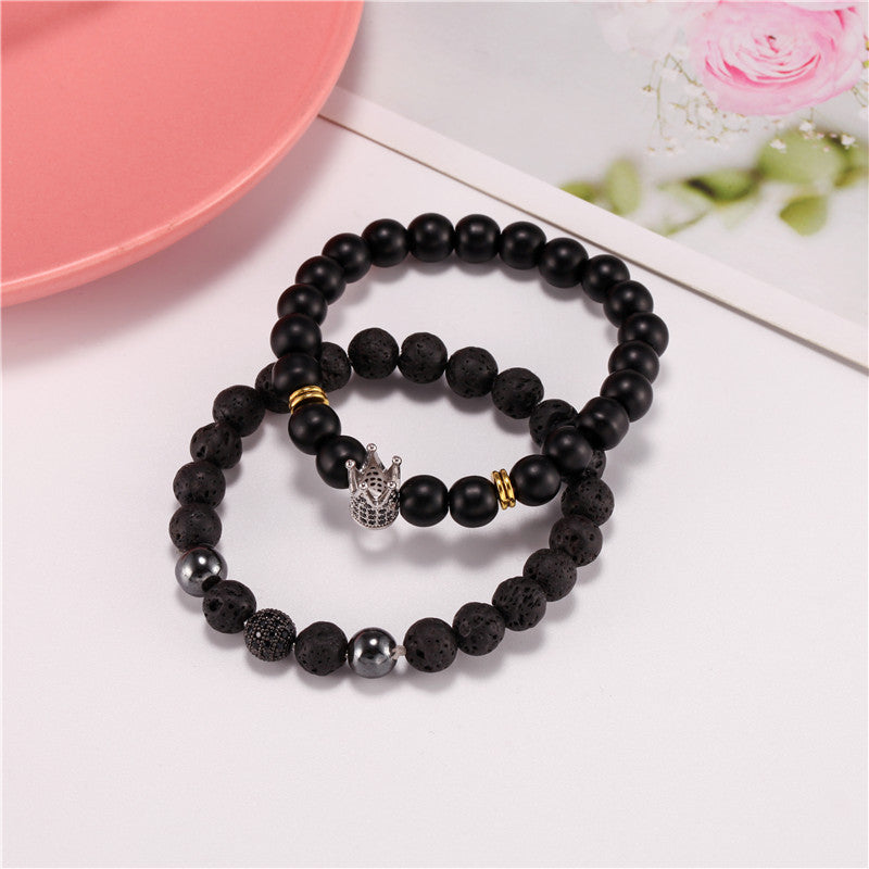 Cross-border jewelry 8mm black matte volcanic stone mixed with micro-inlaid zircon diamond ball crown bracelet, set.