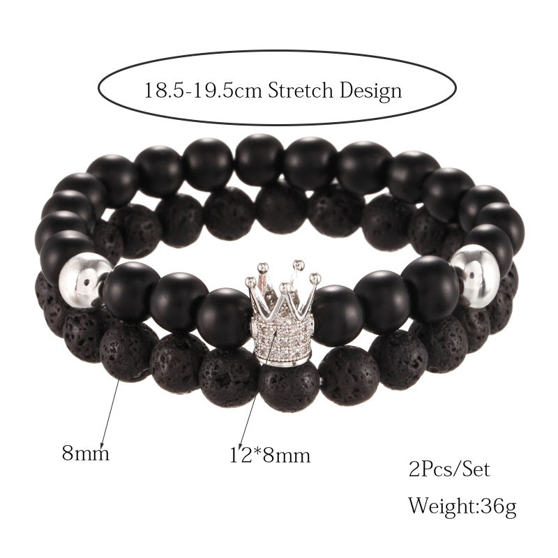 Foreign trade supply jewelry 8mm black matte lava stone micro-inlaid zircon crown two-piece set bracelet bracelet male wholesale