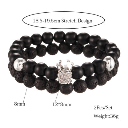 Foreign trade supply jewelry 8mm black matte lava stone micro-inlaid zircon crown two-piece set bracelet bracelet male wholesale
