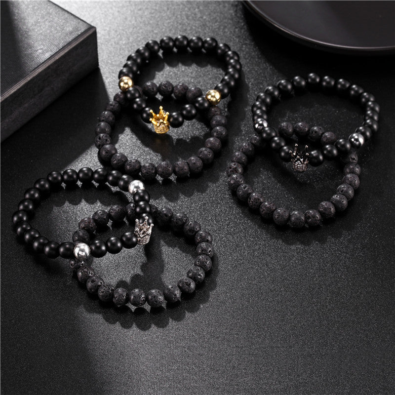 Foreign trade supply jewelry 8mm black matte lava stone micro-inlaid zircon crown two-piece set bracelet bracelet male wholesale