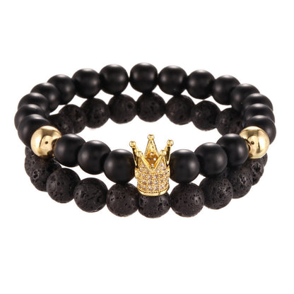 Foreign trade supply jewelry 8mm black matte lava stone micro-inlaid zircon crown two-piece set bracelet bracelet male wholesale