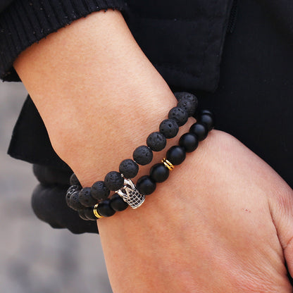 Cross-border jewelry 8mm black matte volcanic stone mixed with micro-inlaid zircon diamond ball crown bracelet, set.