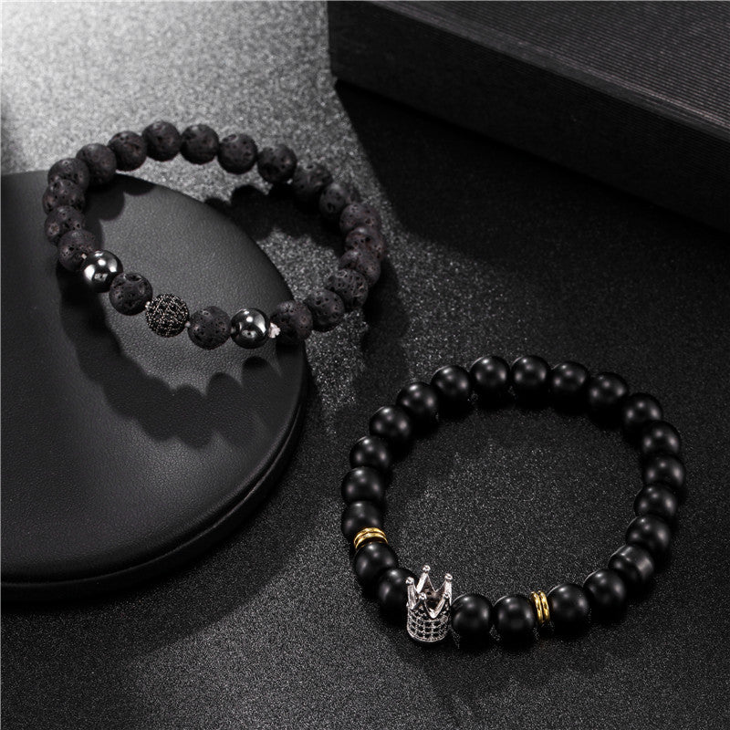 Cross-border jewelry 8mm black matte volcanic stone mixed with micro-inlaid zircon diamond ball crown bracelet, set.