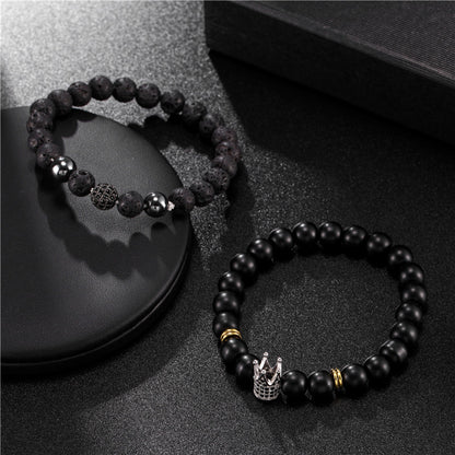Cross-border jewelry 8mm black matte volcanic stone mixed with micro-inlaid zircon diamond ball crown bracelet, set.