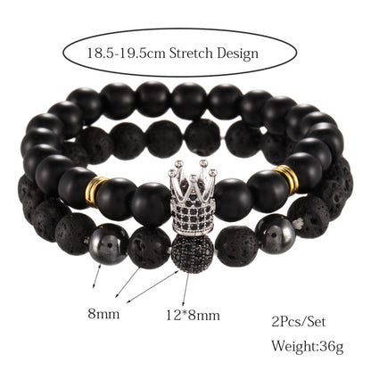 Cross-border jewelry 8mm black matte volcanic stone mixed with micro-inlaid zircon diamond ball crown bracelet, set.
