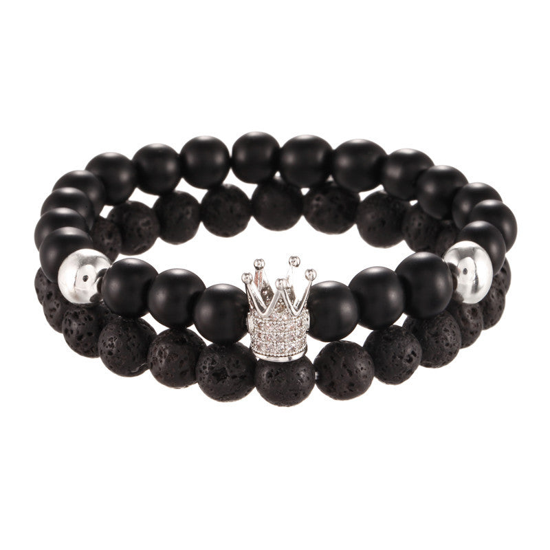 Foreign trade supply jewelry 8mm black matte lava stone micro-inlaid zircon crown two-piece set bracelet bracelet male wholesale
